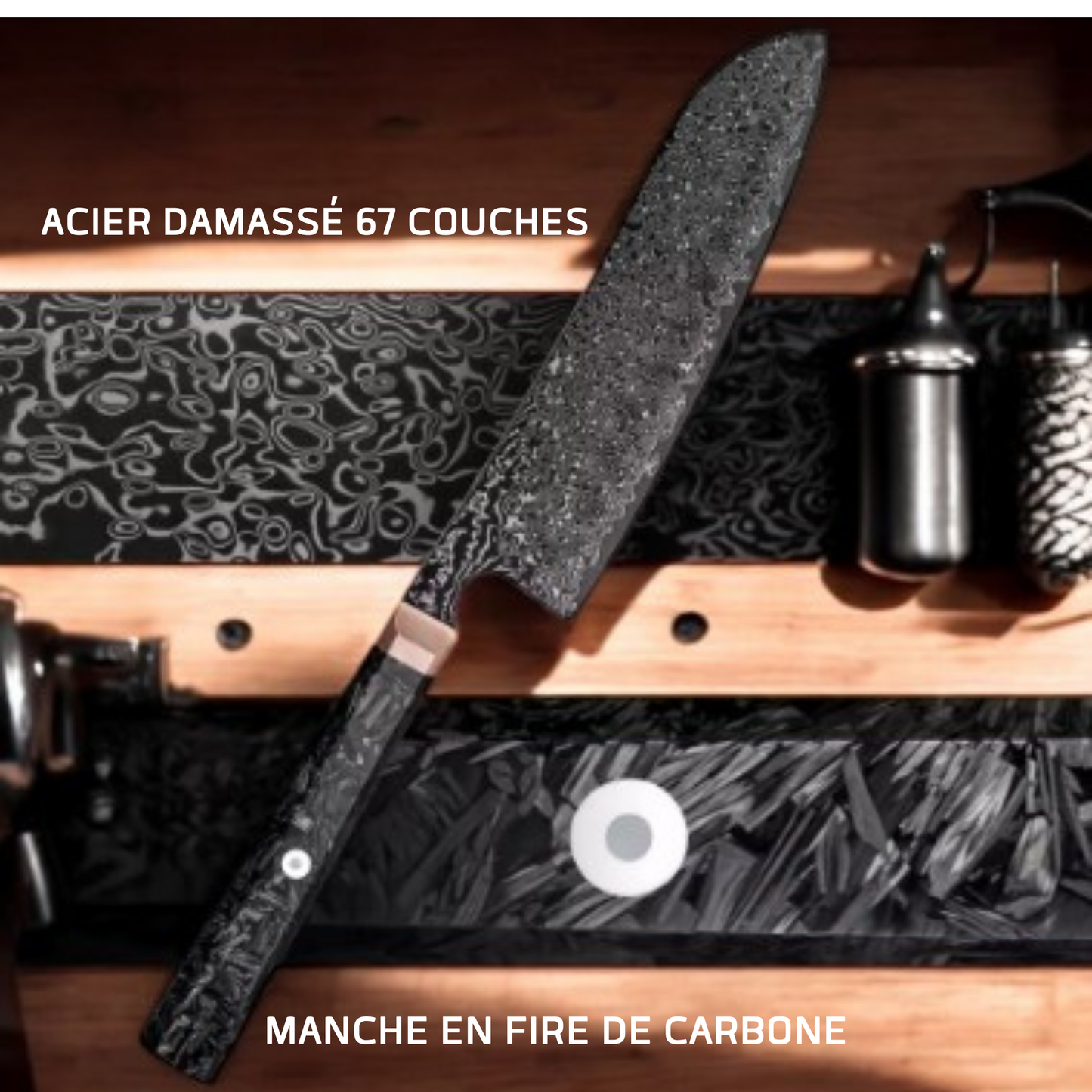 Couteau de cuisine Santoku 173mm acier damassé 67 couches - Noir