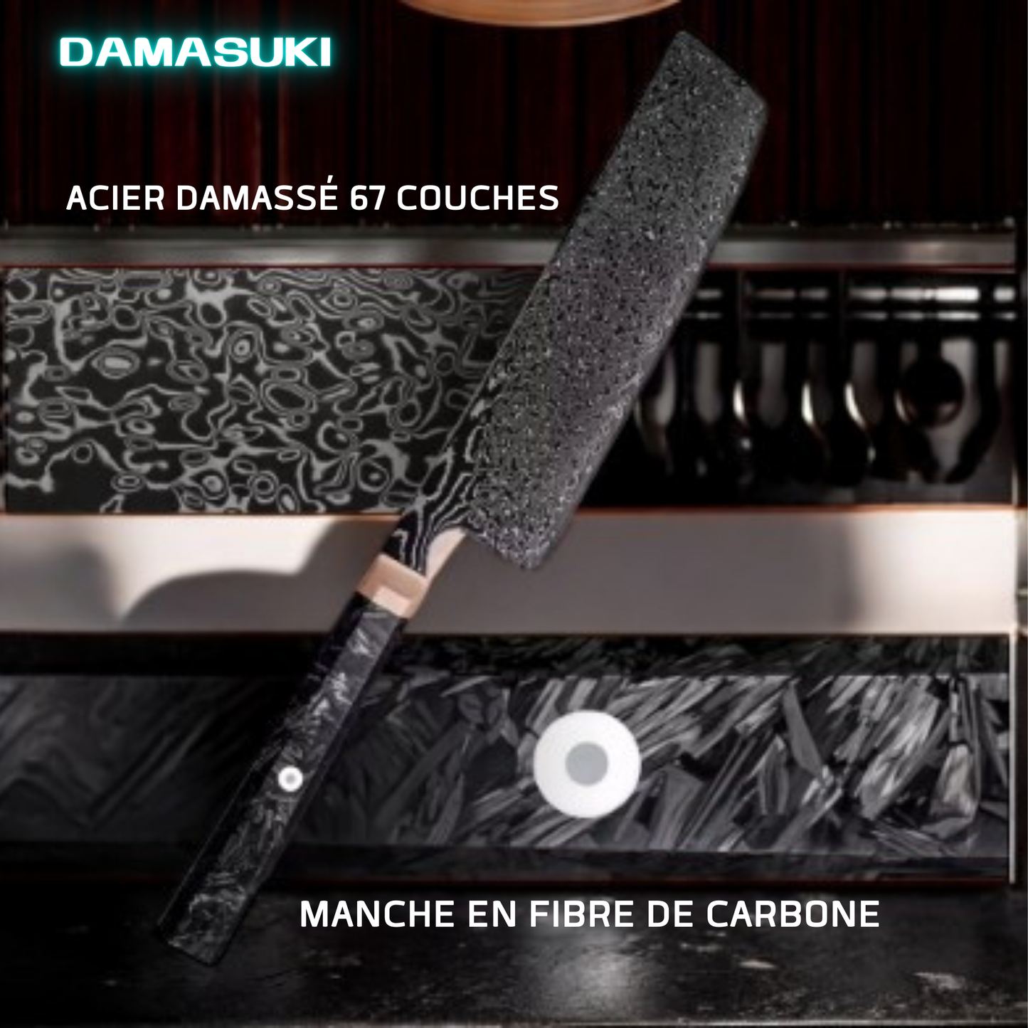 Couteau de cuisine Nakiri 170mm acier damassé 67 couches - Noir