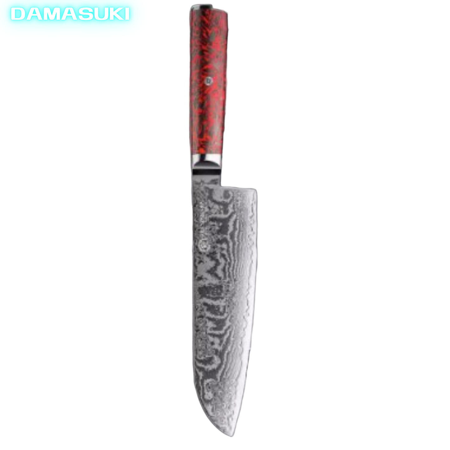 Couteau de cuisine Santoku 178mm acier damassé 67 couches - Rouge