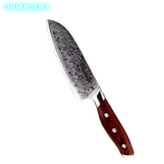 Couteau de cuisine Santoku 124mm acier damassé 67 couches - Rouge