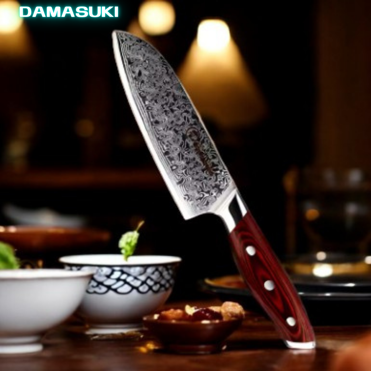 Couteau de cuisine Santoku 124mm acier damassé 67 couches - Rouge