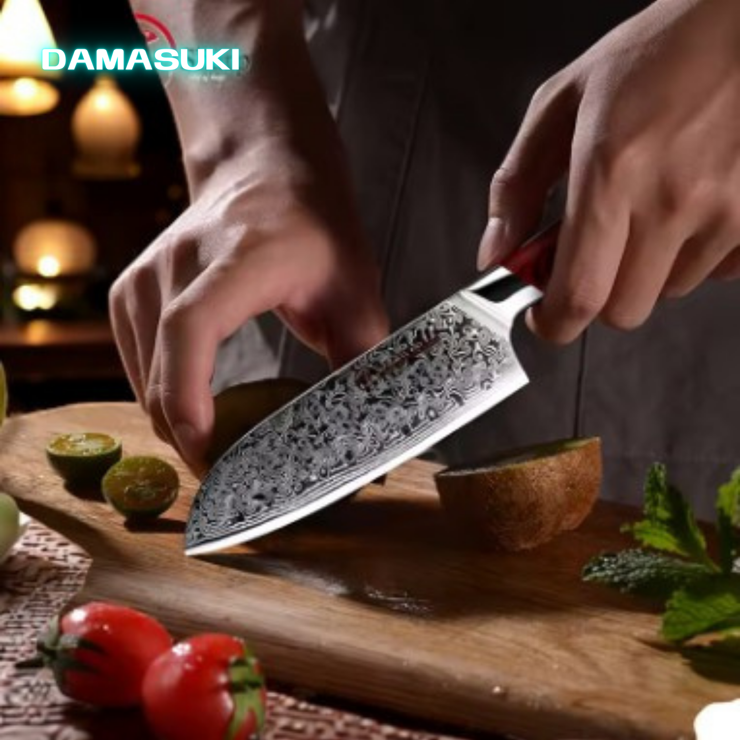 Couteau de cuisine Santoku 124mm acier damassé 67 couches - Rouge