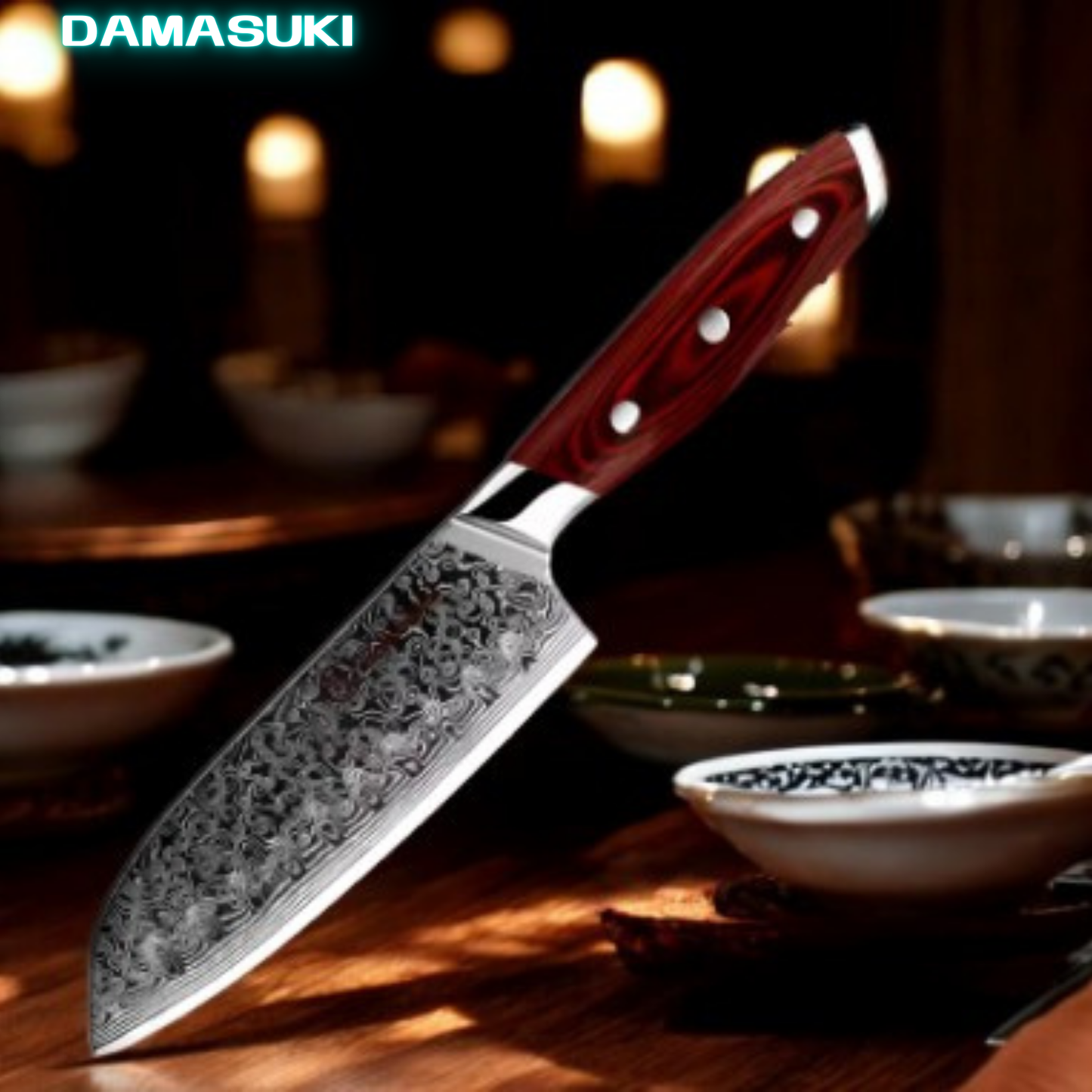 Couteau de cuisine Santoku 124mm acier damassé 67 couches - Rouge