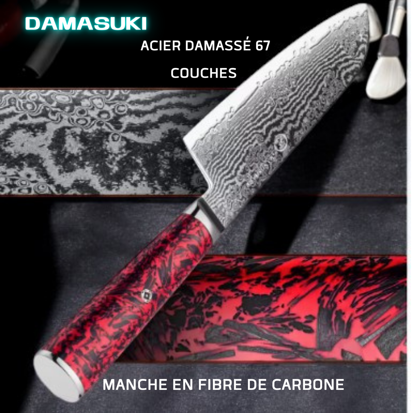 Couteau de cuisine Santoku 178mm acier damassé 67 couches - Rouge