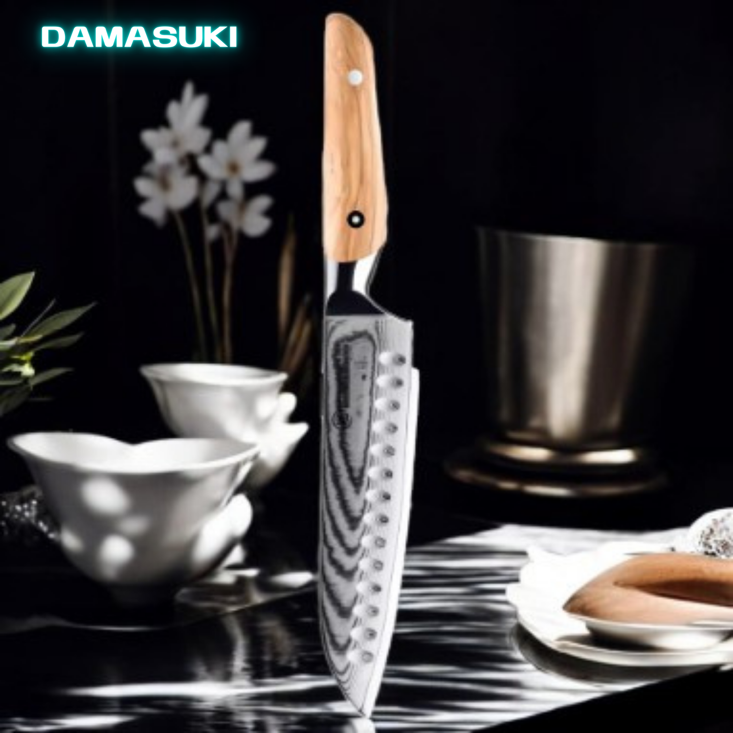 Couteau de cuisine Santoku 188mm acier damassé 67 couches - Bois d'Olivier