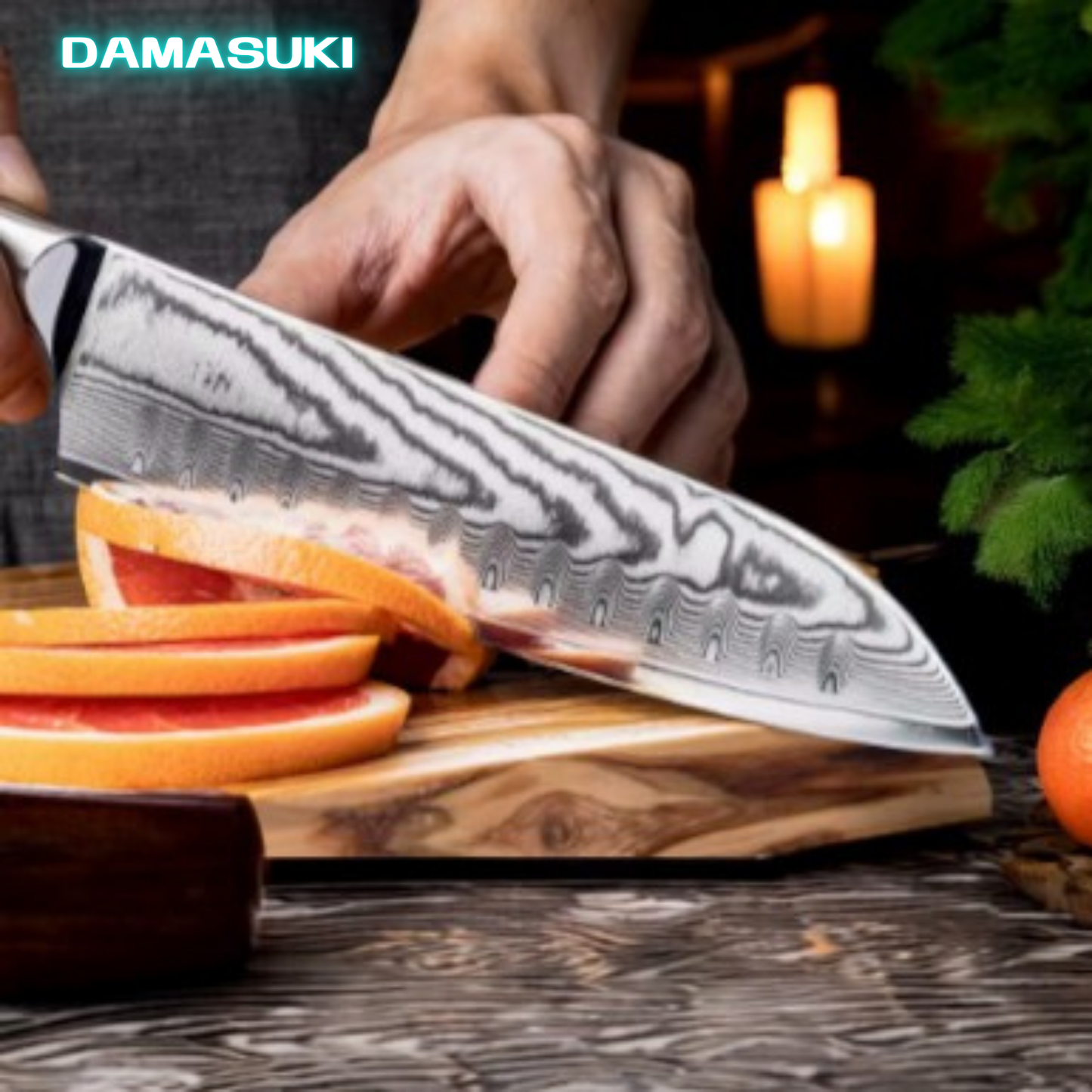 Couteau de cuisine Santoku 188mm acier damassé 67 couches - Bois d'Olivier