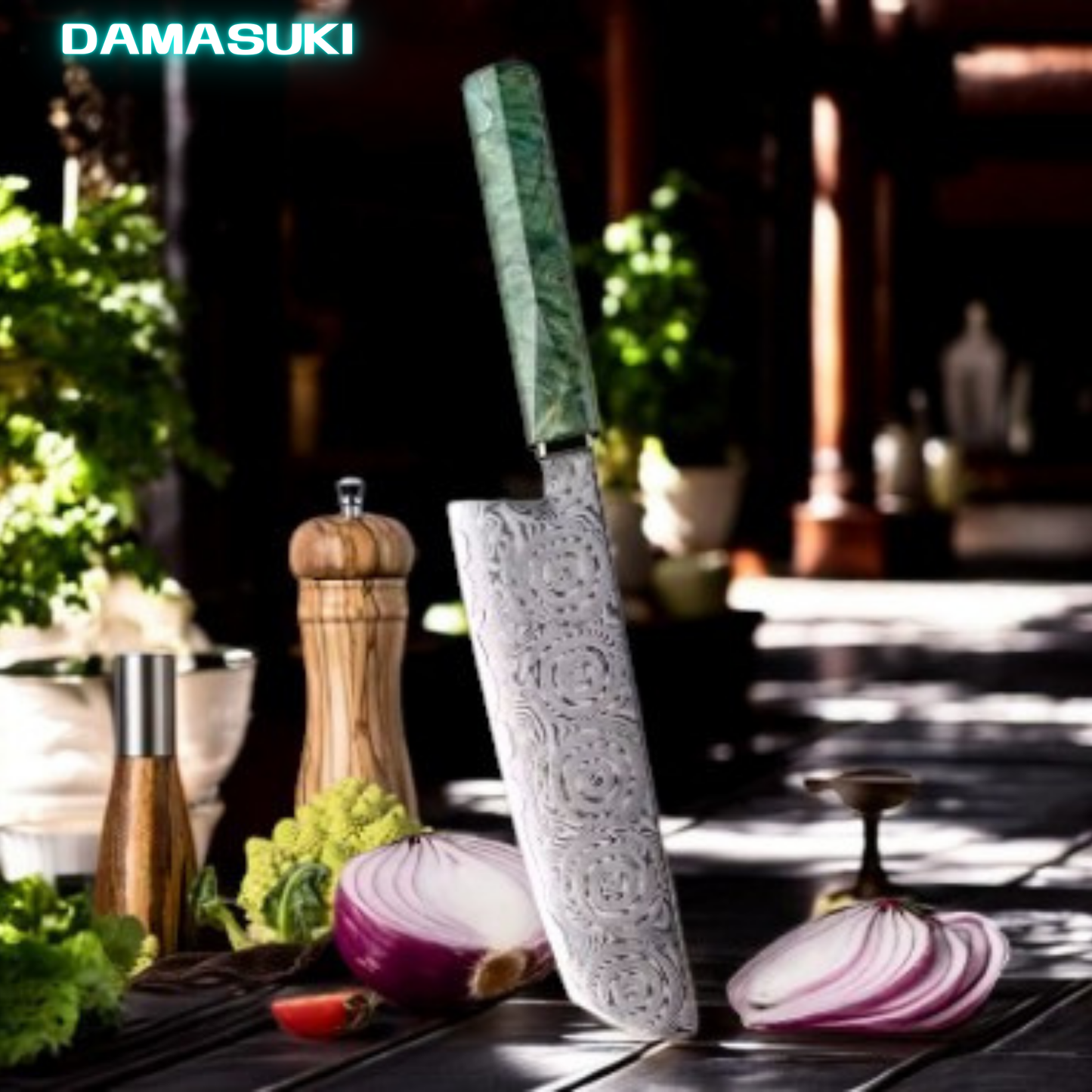 Couteau de cuisine Nakiri 181mm acier damassé 67 couches - Vert