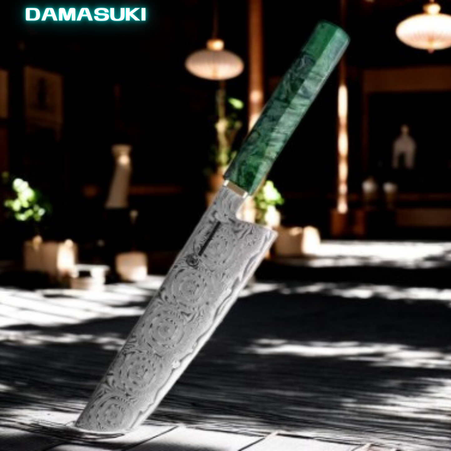 Couteau de cuisine Nakiri 181mm acier damassé 67 couches - Vert