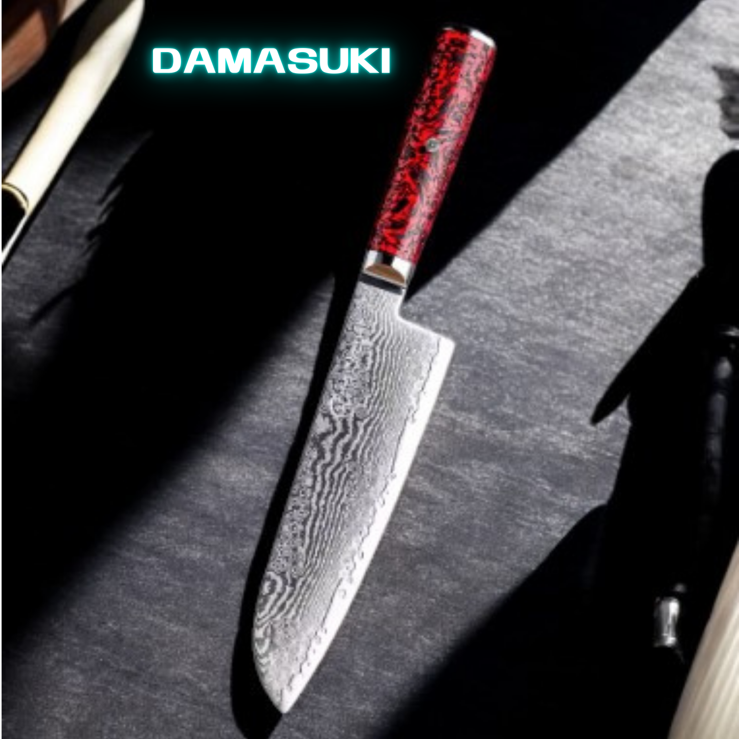 Couteau de cuisine Santoku 178mm acier damassé 67 couches - Rouge